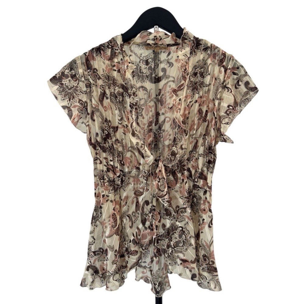 Notations Sheer Paisley Ruffle Tie Front Blouse